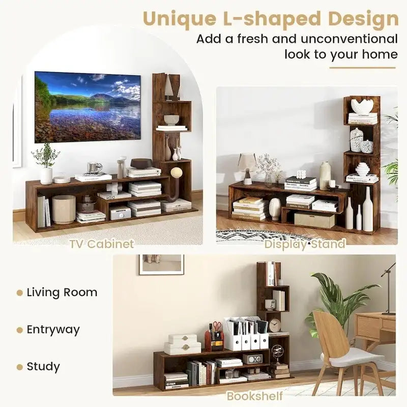 Mueble para TV rústico marrón con estantes en forma de L, se adapta a televisores de hasta 50", 58" de ancho, montaje por 1 persona