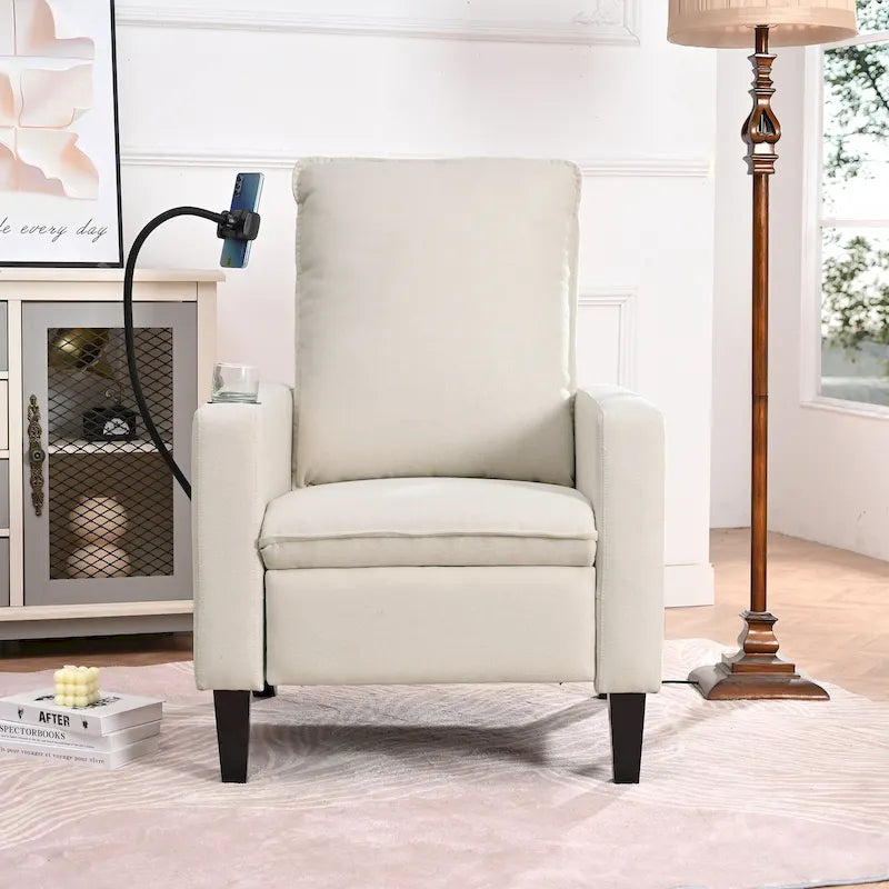 Sillón reclinable ajustable beige con soporte para teléfono y portavasos, 1 persona