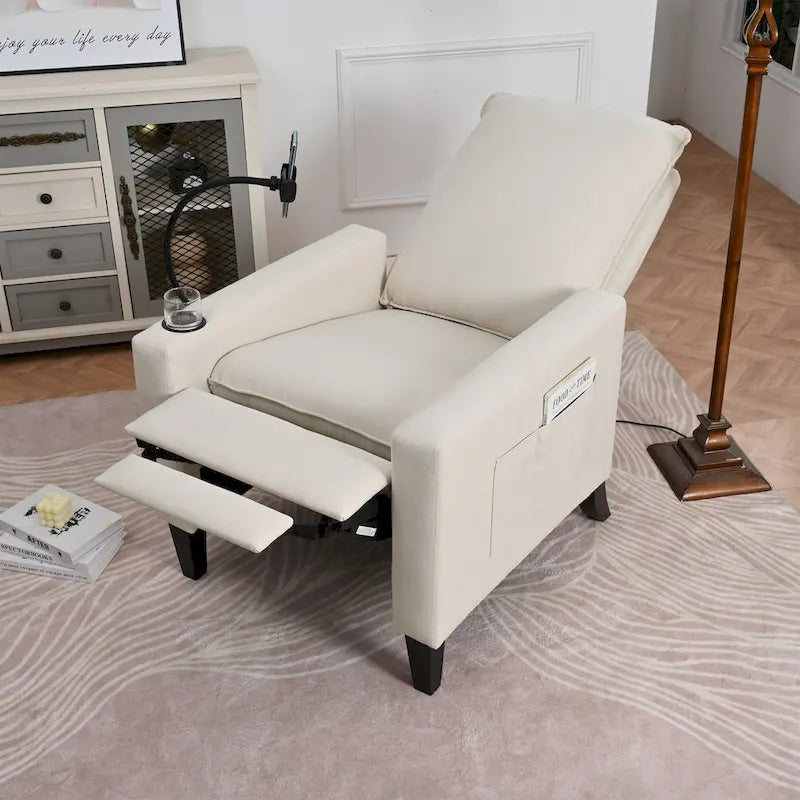 Sillón reclinable ajustable beige con soporte para teléfono y portavasos, 1 persona
