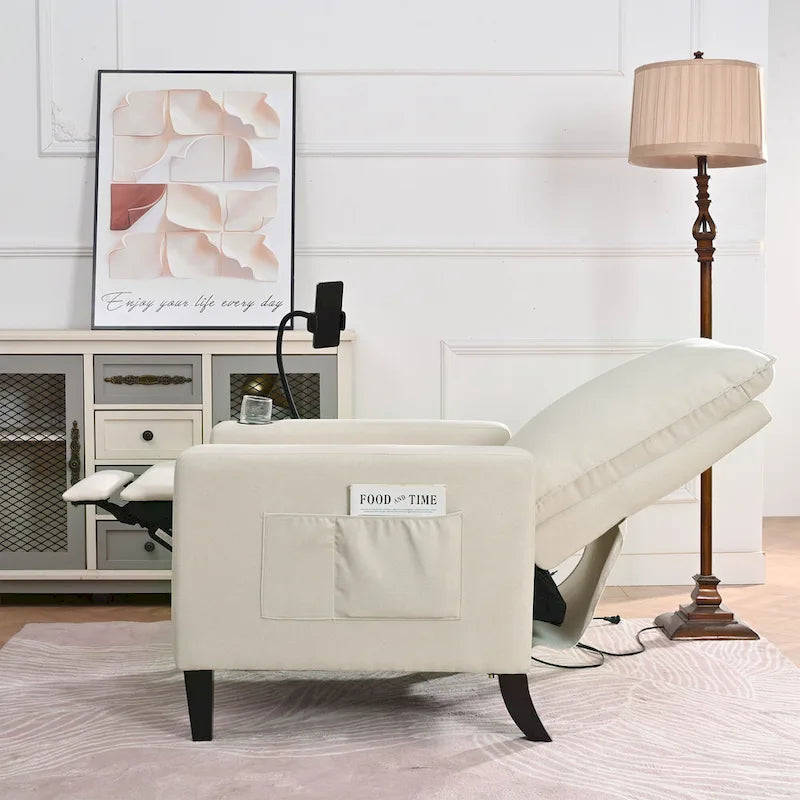 Sillón reclinable ajustable beige con soporte para teléfono y portavasos, 1 persona