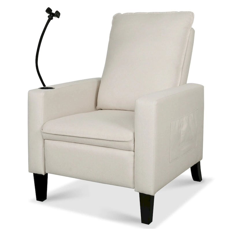 Sillón reclinable ajustable beige con soporte para teléfono y portavasos, 1 persona