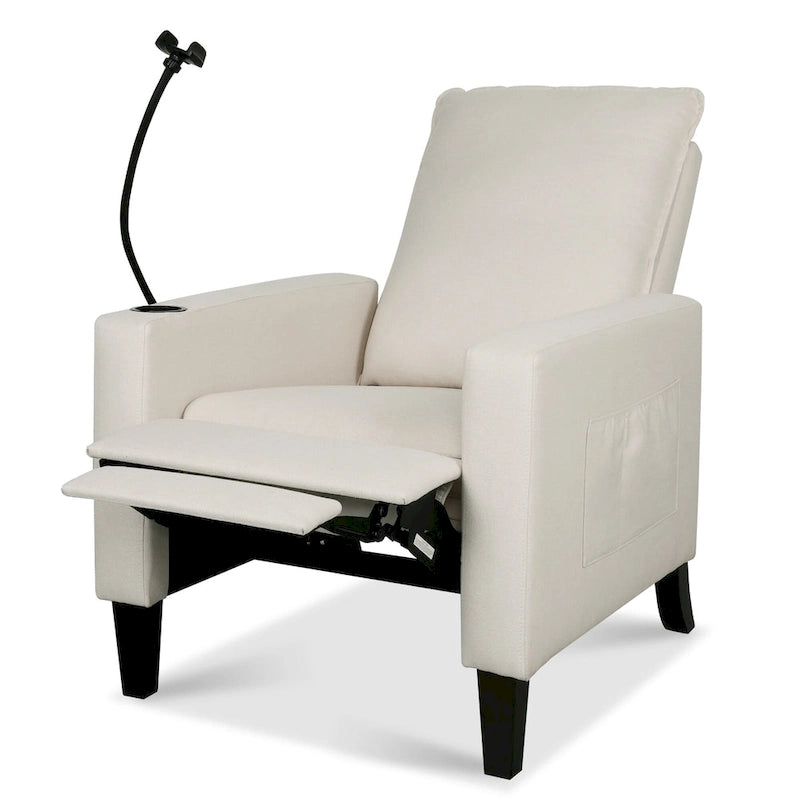 Sillón reclinable ajustable beige con soporte para teléfono y portavasos, 1 persona
