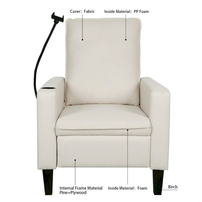 Sillón reclinable ajustable beige con soporte para teléfono y portavasos, 1 persona