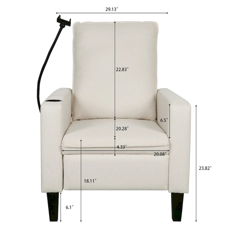 Sillón reclinable ajustable beige con soporte para teléfono y portavasos, 1 persona