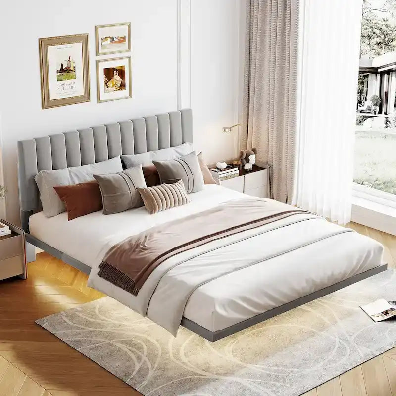 Cama Queen de Plataforma de Terciopelo Gris con Luz de Sensor, Para 2