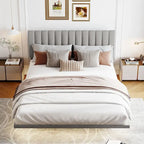 Cama Queen de Plataforma de Terciopelo Gris con Luz de Sensor, Para 2