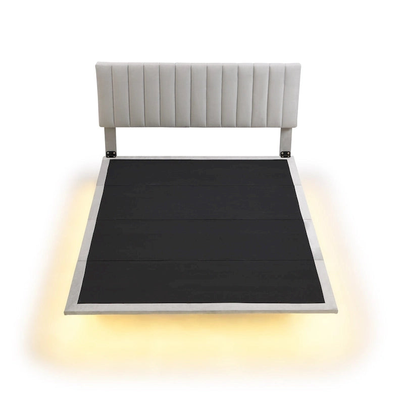 Cama Queen de Plataforma de Terciopelo Gris con Luz de Sensor, Para 2