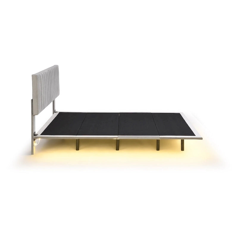 Cama Queen de Plataforma de Terciopelo Gris con Luz de Sensor, Para 2