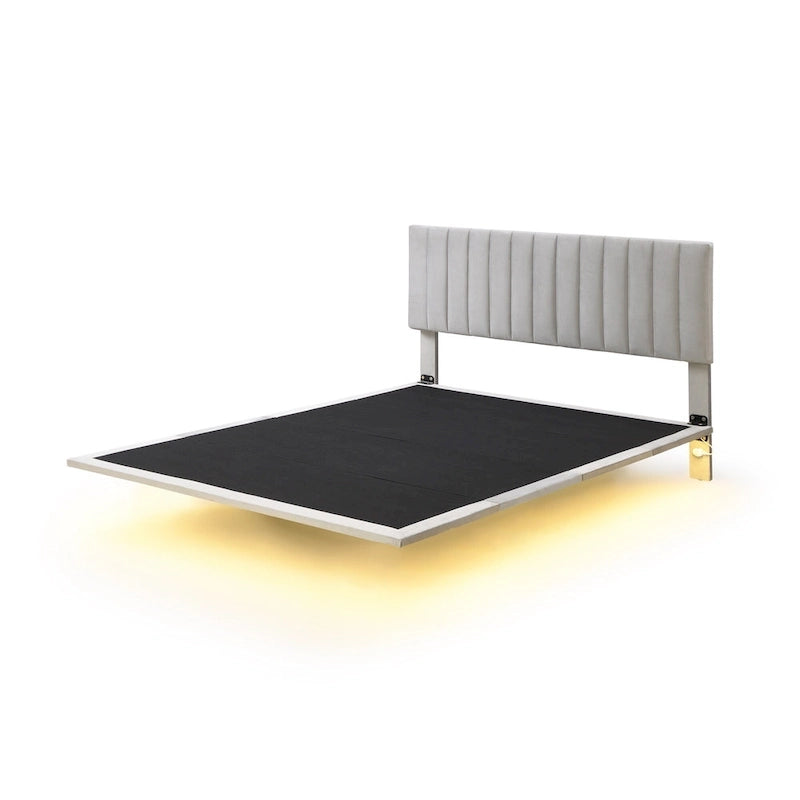 Cama Queen de Plataforma de Terciopelo Gris con Luz de Sensor, Para 2