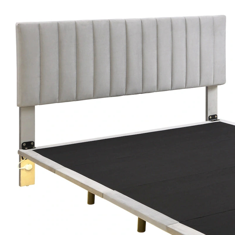 Cama Queen de Plataforma de Terciopelo Gris con Luz de Sensor, Para 2