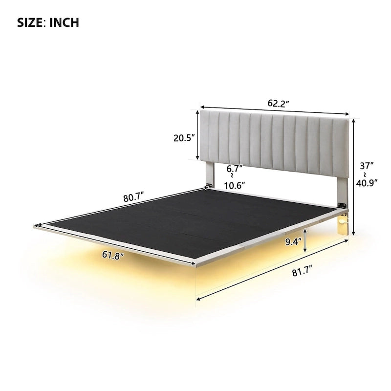 Cama Queen de Plataforma de Terciopelo Gris con Luz de Sensor, Para 2