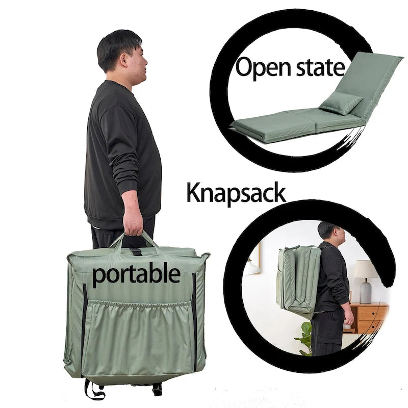 Sillón reclinable de suelo plegable ajustable de color verde claro con bolsa de transporte, 1 persona