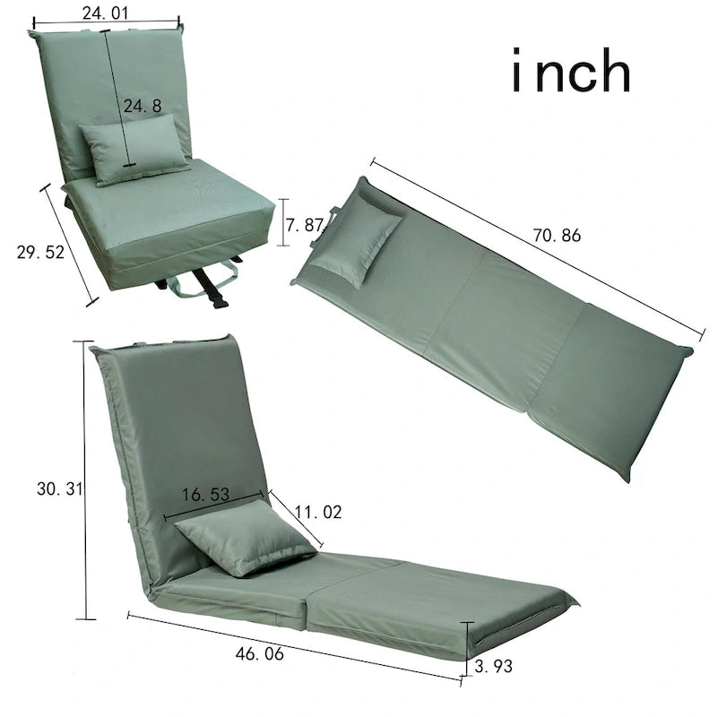 Sillón reclinable de suelo plegable ajustable de color verde claro con bolsa de transporte, 1 persona