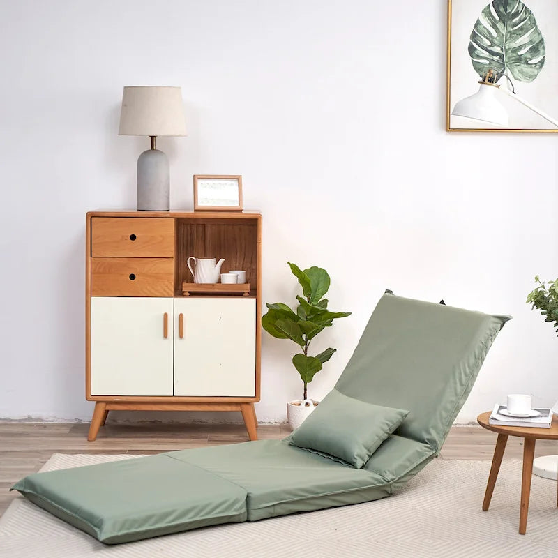 Sillón reclinable de suelo plegable ajustable de color verde claro con bolsa de transporte, 1 persona
