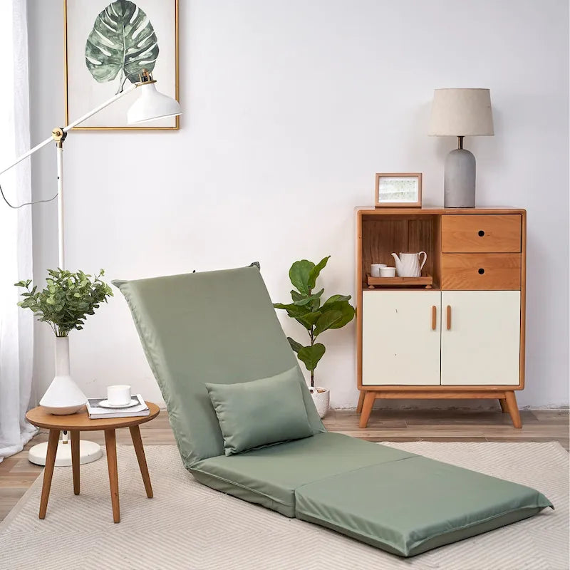 Sillón reclinable de suelo plegable ajustable de color verde claro con bolsa de transporte, 1 persona