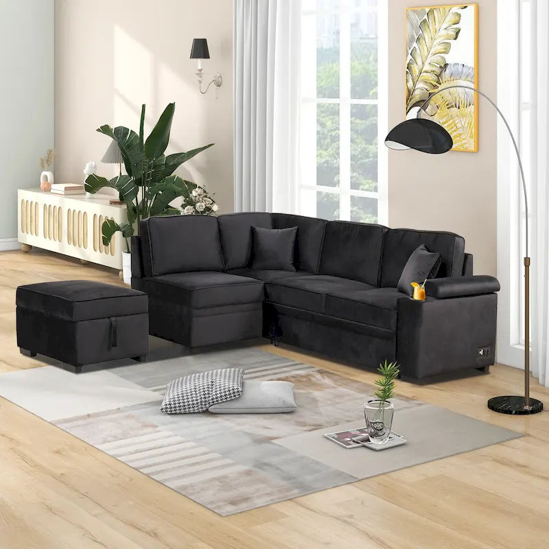 Sofá seccional cama en forma de L verde / beige / negro / gris con otomana de almacenamiento, 5 asientos, extraíble 2 en 1