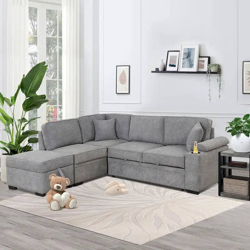 Sofá seccional cama en forma de L verde / beige / negro / gris con otomana de almacenamiento, 5 asientos, extraíble 2 en 1
