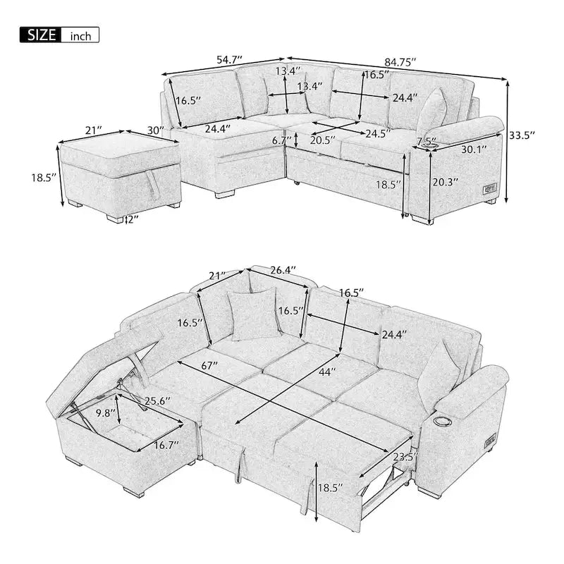 Sofá seccional cama en forma de L verde / beige / negro / gris con otomana de almacenamiento, 5 asientos, extraíble 2 en 1