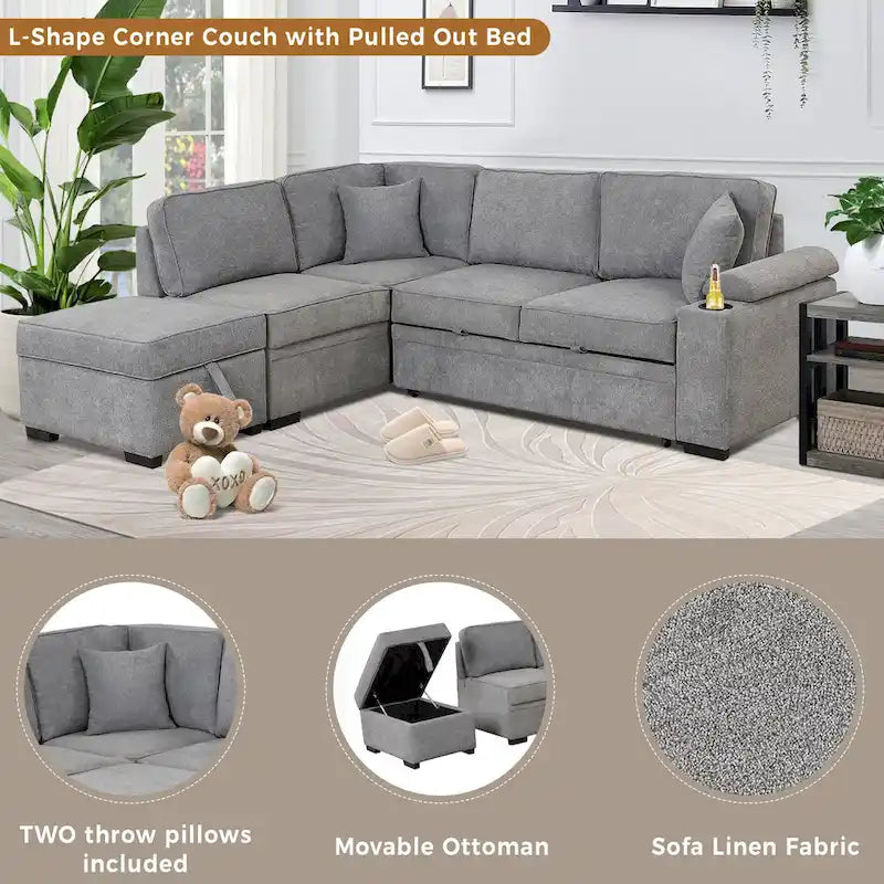 Sofá seccional cama en forma de L verde / beige / negro / gris con otomana de almacenamiento, 5 asientos, extraíble 2 en 1
