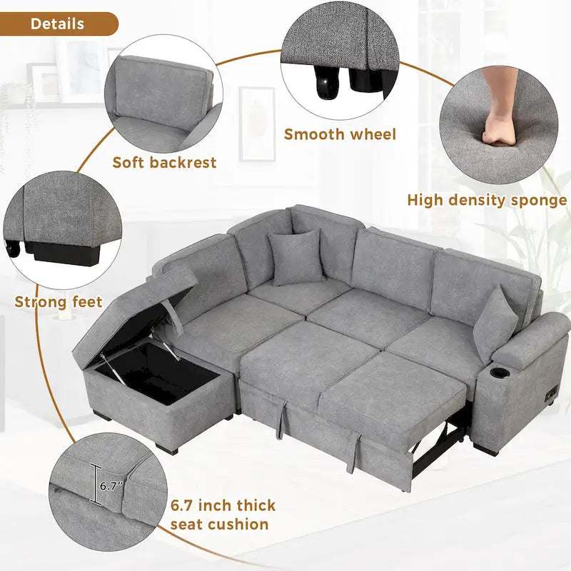 Sofá seccional cama en forma de L verde / beige / negro / gris con otomana de almacenamiento, 5 asientos, extraíble 2 en 1