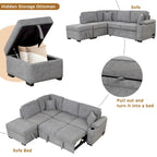 Sofá seccional cama en forma de L verde / beige / negro / gris con otomana de almacenamiento, 5 asientos, extraíble 2 en 1