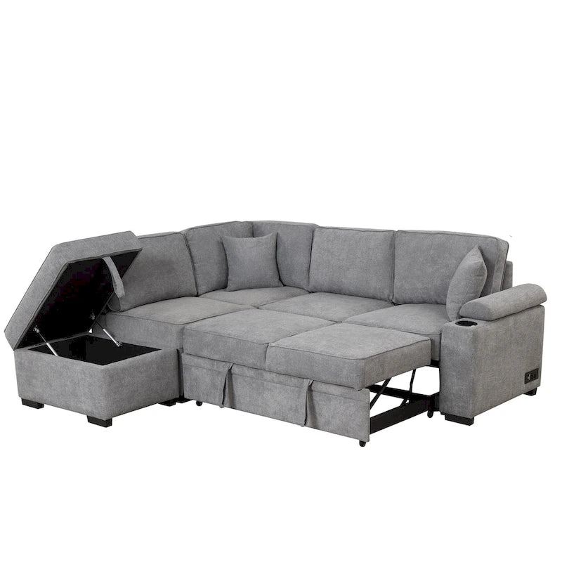 Sofá seccional cama en forma de L verde / beige / negro / gris con otomana de almacenamiento, 5 asientos, extraíble 2 en 1