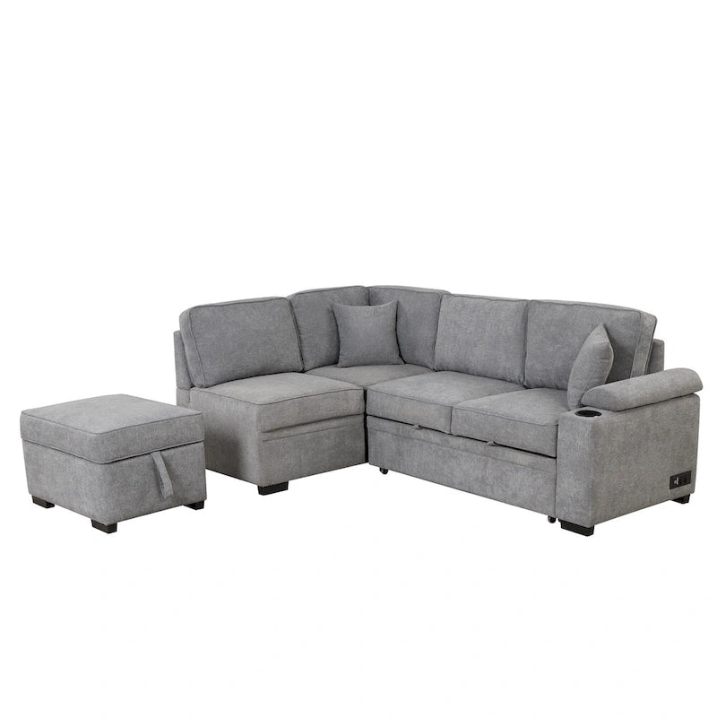 Sofá seccional cama en forma de L verde / beige / negro / gris con otomana de almacenamiento, 5 asientos, extraíble 2 en 1