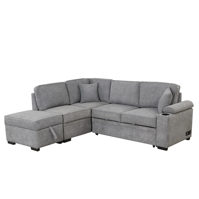 Sofá seccional cama en forma de L verde / beige / negro / gris con otomana de almacenamiento, 5 asientos, extraíble 2 en 1