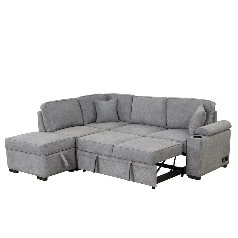 Sofá seccional cama en forma de L verde / beige / negro / gris con otomana de almacenamiento, 5 asientos, extraíble 2 en 1