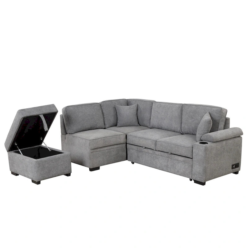 Sofá seccional cama en forma de L verde / beige / negro / gris con otomana de almacenamiento, 5 asientos, extraíble 2 en 1