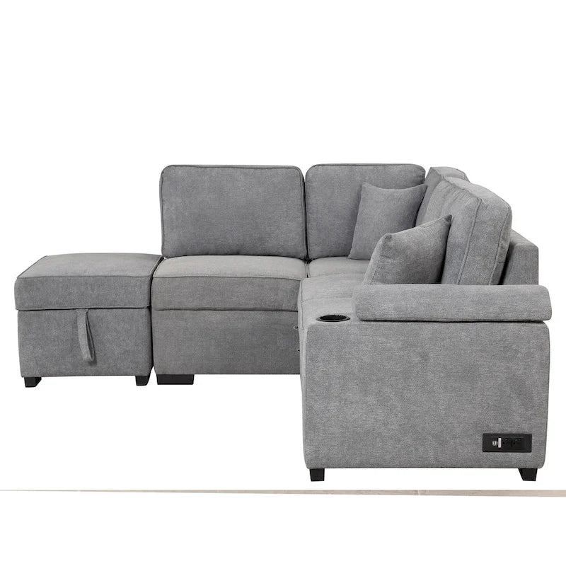 Sofá seccional cama en forma de L verde / beige / negro / gris con otomana de almacenamiento, 5 asientos, extraíble 2 en 1