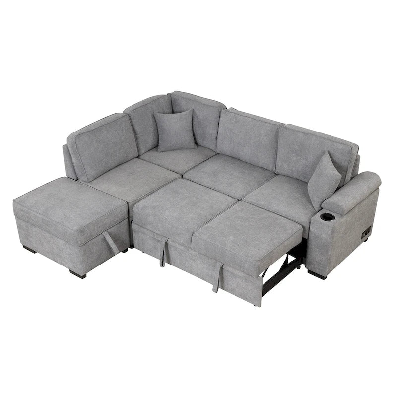Sofá seccional cama en forma de L verde / beige / negro / gris con otomana de almacenamiento, 5 asientos, extraíble 2 en 1