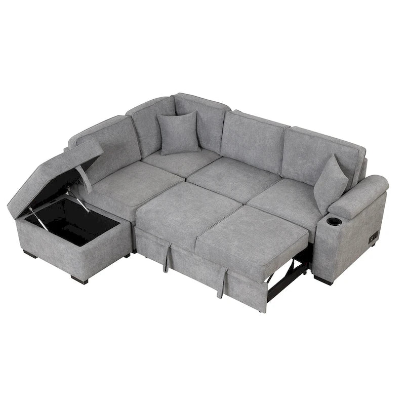 Sofá seccional cama en forma de L verde / beige / negro / gris con otomana de almacenamiento, 5 asientos, extraíble 2 en 1