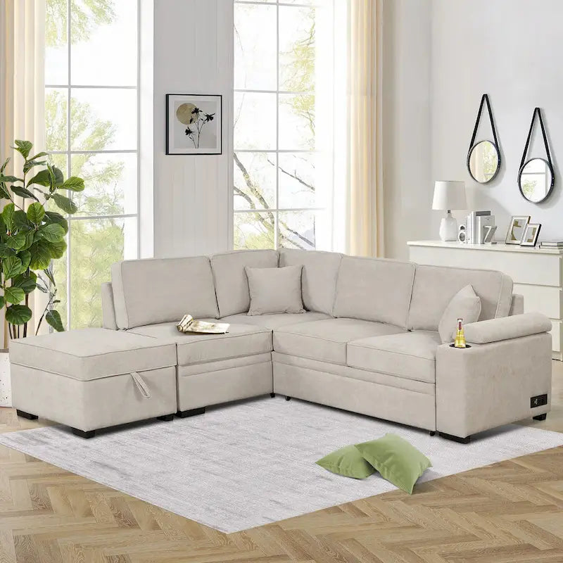 Sofá seccional cama en forma de L verde / beige / negro / gris con otomana de almacenamiento, 5 asientos, extraíble 2 en 1