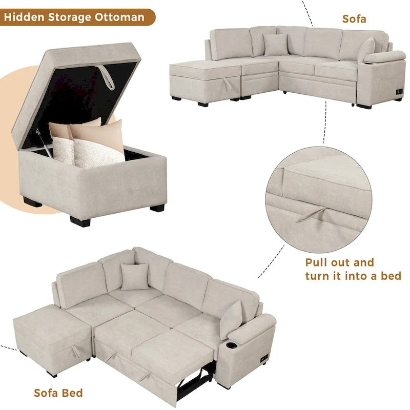 Sofá seccional cama en forma de L verde / beige / negro / gris con otomana de almacenamiento, 5 asientos, extraíble 2 en 1