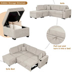 Sofá seccional cama en forma de L verde / beige / negro / gris con otomana de almacenamiento, 5 asientos, extraíble 2 en 1