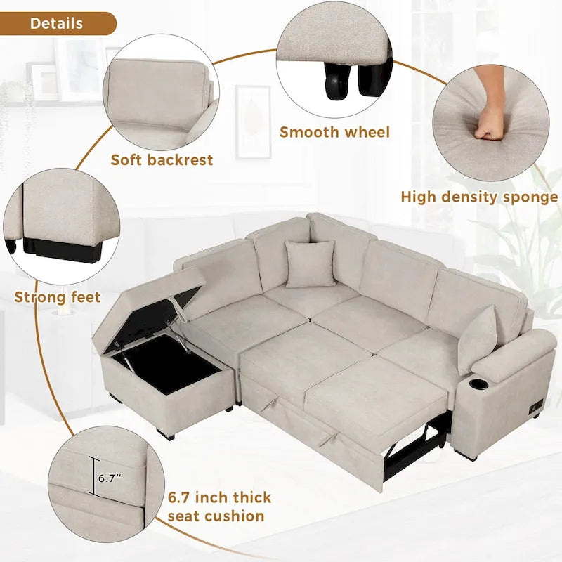 Sofá seccional cama en forma de L verde / beige / negro / gris con otomana de almacenamiento, 5 asientos, extraíble 2 en 1