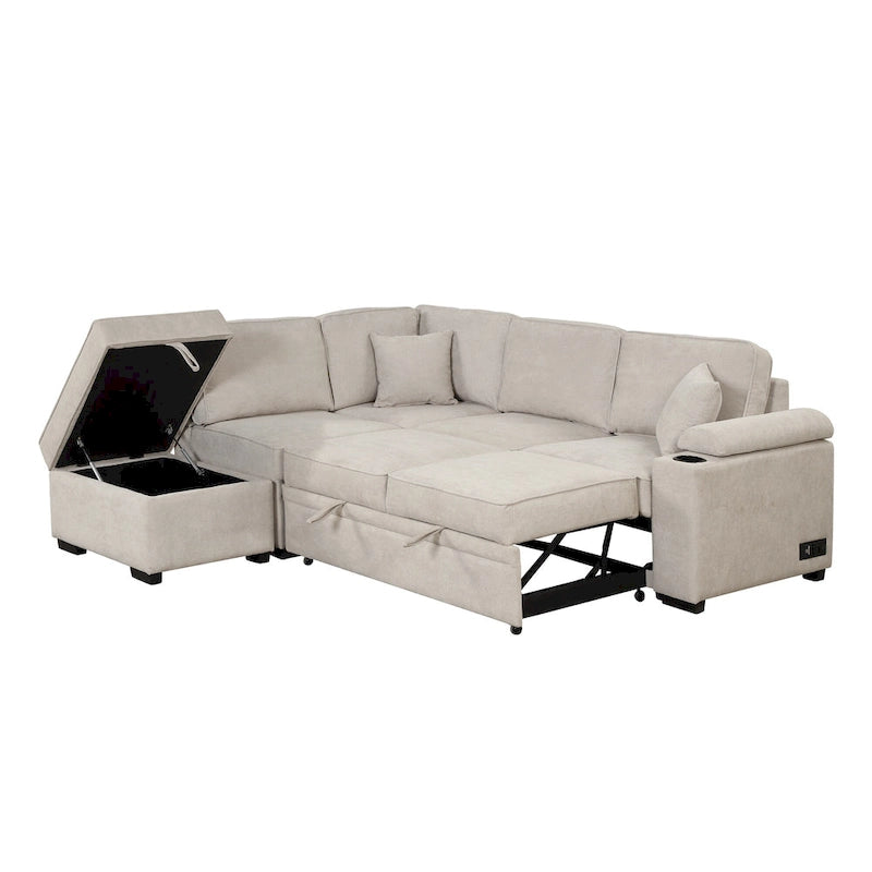 Sofá seccional cama en forma de L verde / beige / negro / gris con otomana de almacenamiento, 5 asientos, extraíble 2 en 1