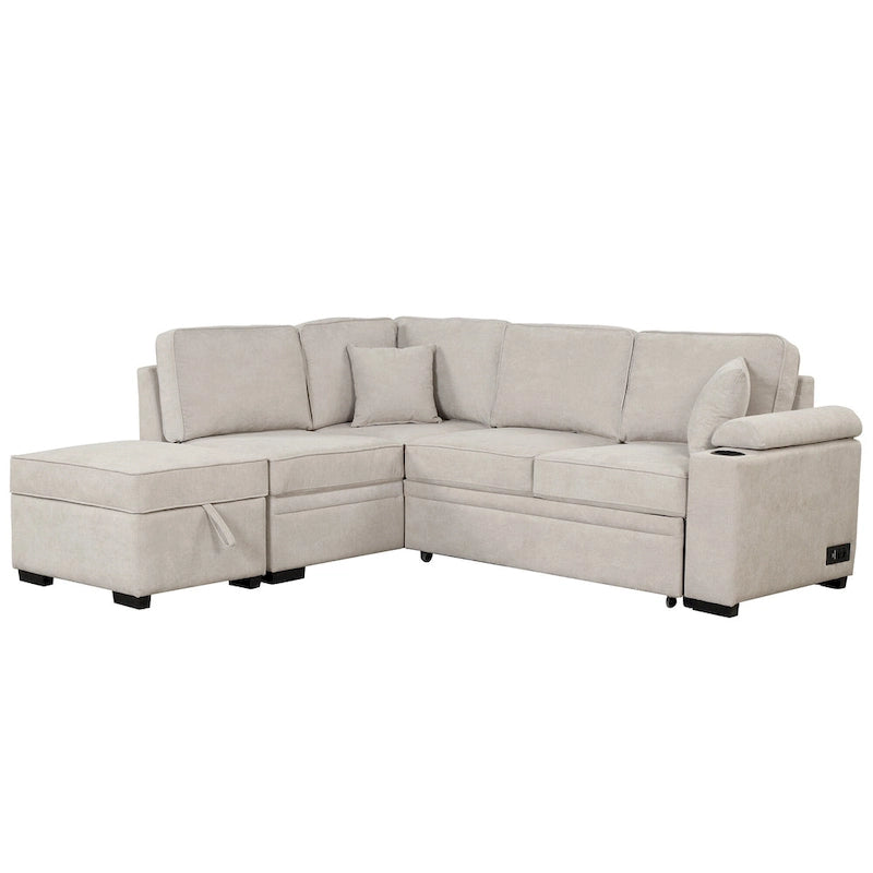 Sofá seccional cama en forma de L verde / beige / negro / gris con otomana de almacenamiento, 5 asientos, extraíble 2 en 1