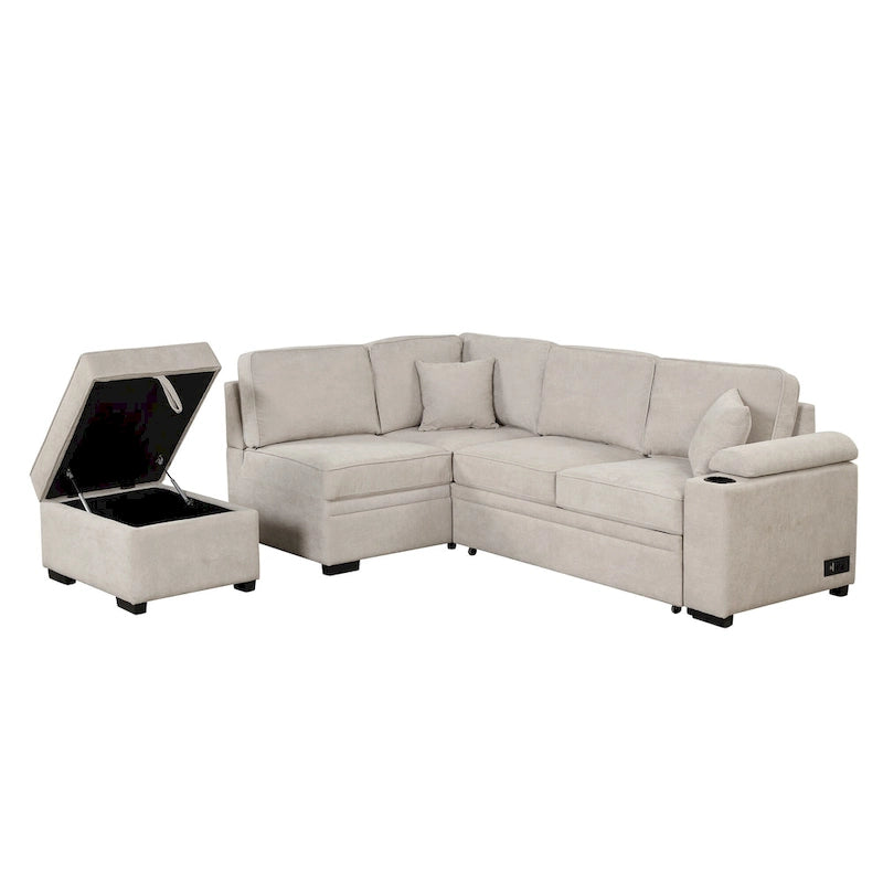Sofá seccional cama en forma de L verde / beige / negro / gris con otomana de almacenamiento, 5 asientos, extraíble 2 en 1