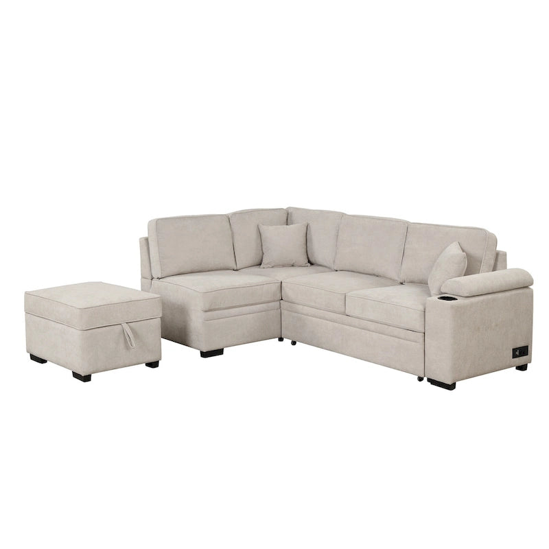 Sofá seccional cama en forma de L verde / beige / negro / gris con otomana de almacenamiento, 5 asientos, extraíble 2 en 1