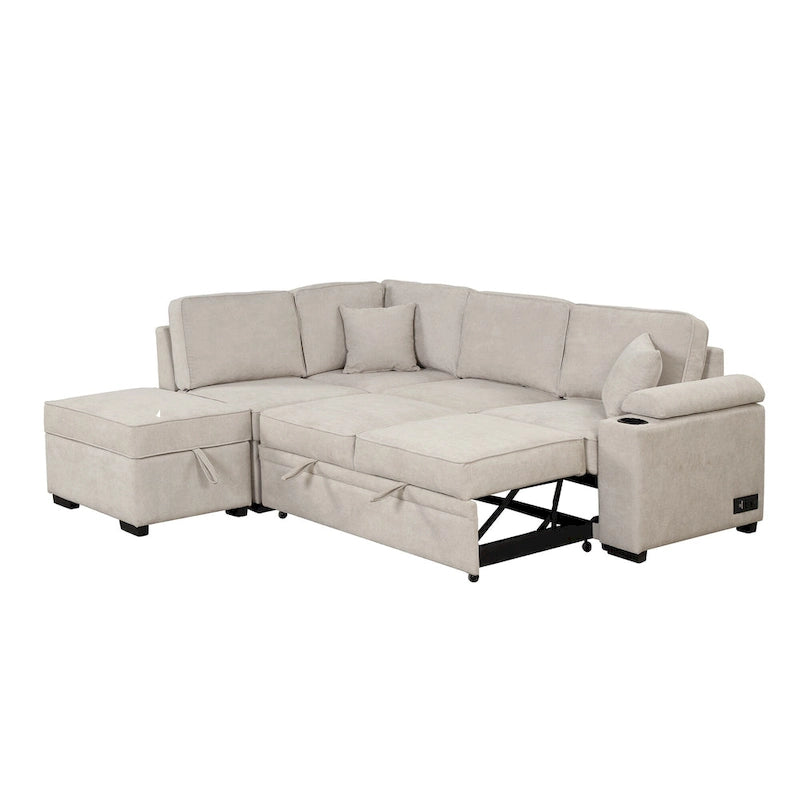 Sofá seccional cama en forma de L verde / beige / negro / gris con otomana de almacenamiento, 5 asientos, extraíble 2 en 1