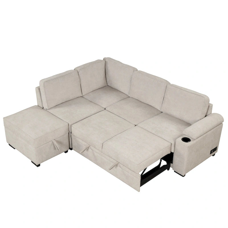 Sofá seccional cama en forma de L verde / beige / negro / gris con otomana de almacenamiento, 5 asientos, extraíble 2 en 1