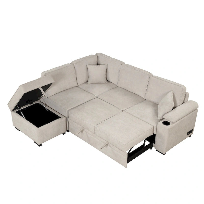 Sofá seccional cama en forma de L verde / beige / negro / gris con otomana de almacenamiento, 5 asientos, extraíble 2 en 1