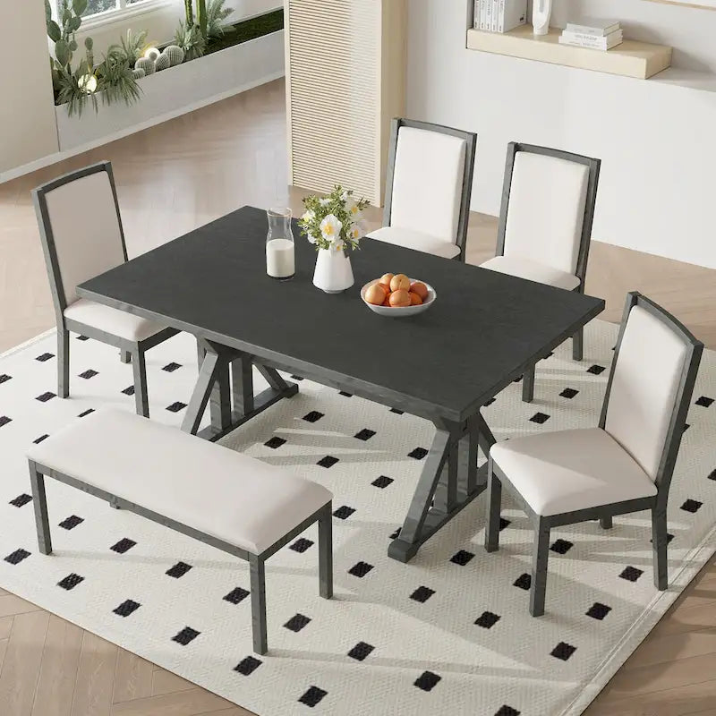 Juego de comedor para 6 personas estilo rústico beige/natural – Mesa, 4 sillas y banco