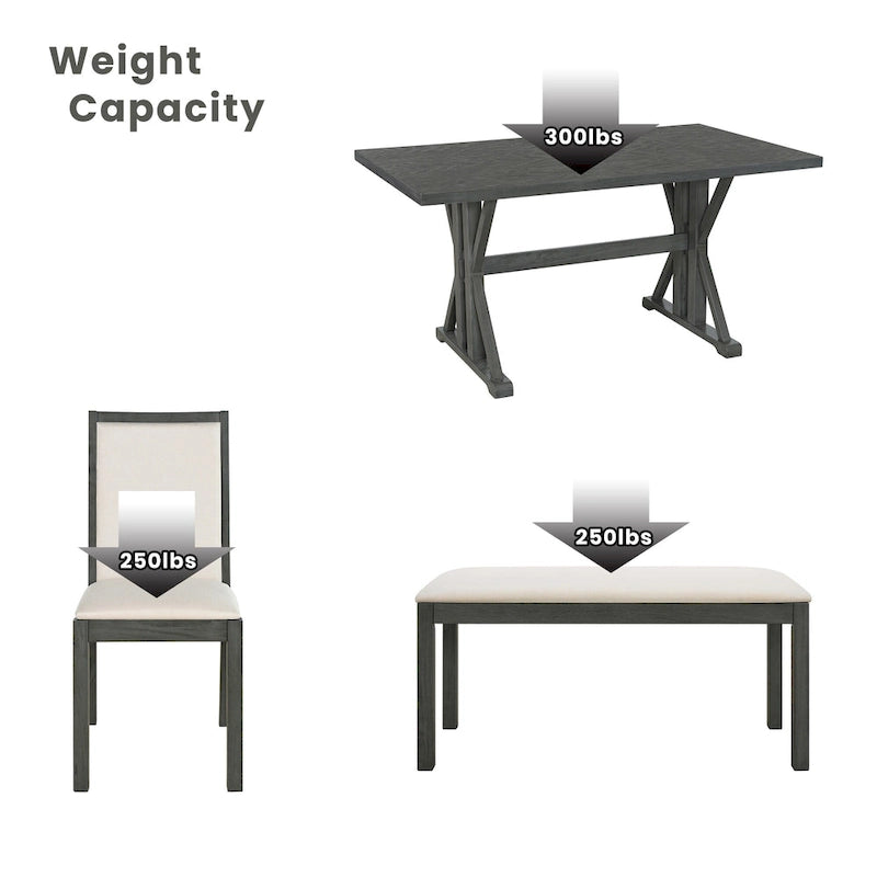 Juego de comedor para 6 personas estilo rústico beige/natural – Mesa, 4 sillas y banco