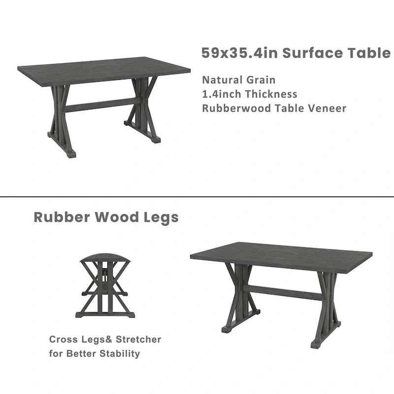 Juego de comedor para 6 personas estilo rústico beige/natural – Mesa, 4 sillas y banco