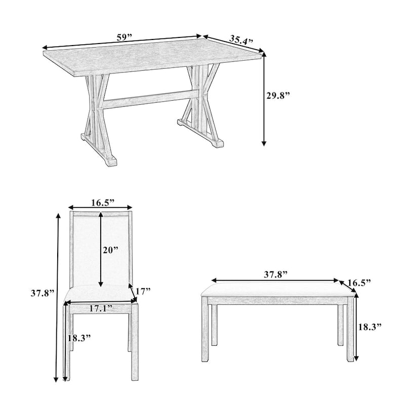 Juego de comedor para 6 personas estilo rústico beige/natural – Mesa, 4 sillas y banco