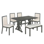 Juego de comedor para 6 personas estilo rústico beige/natural – Mesa, 4 sillas y banco