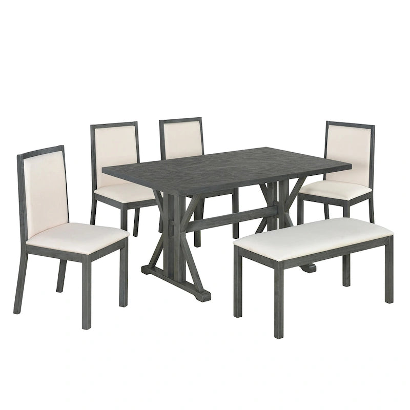 Juego de comedor para 6 personas estilo rústico beige/natural – Mesa, 4 sillas y banco